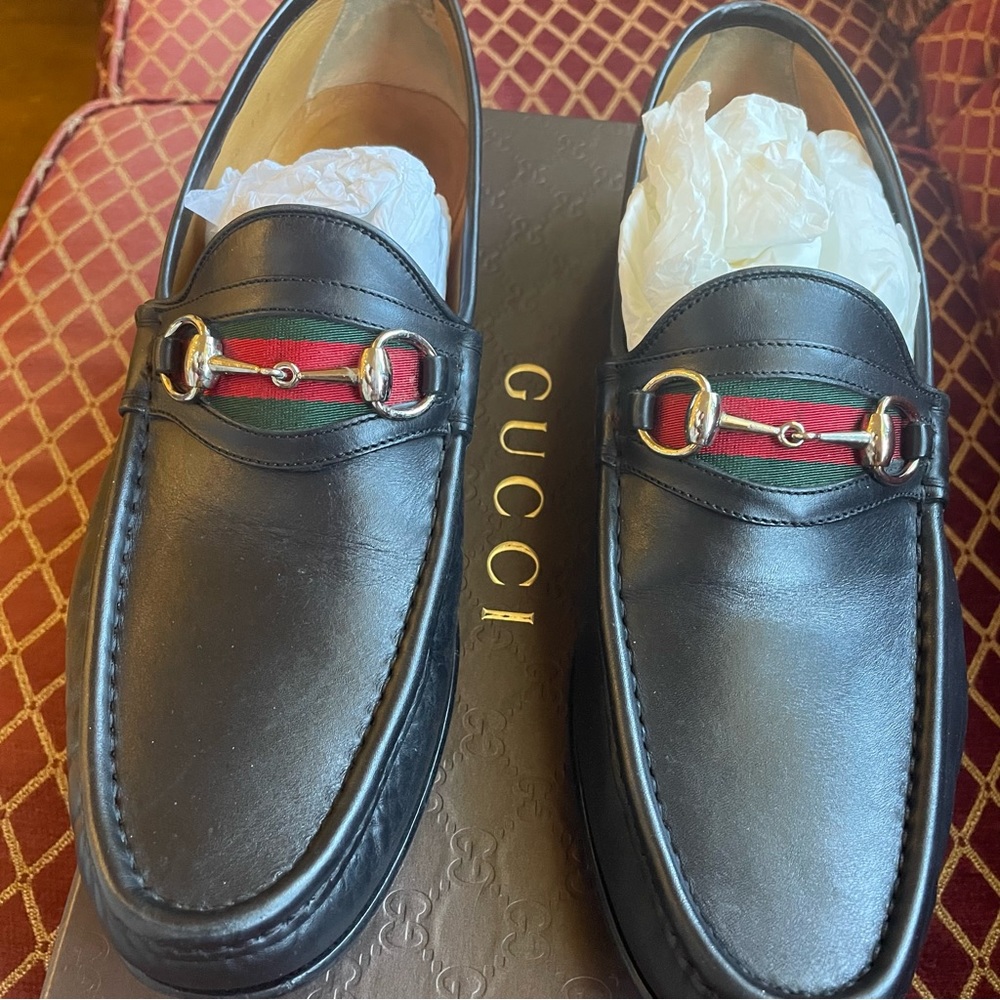 GUCCI Apache Black Leather Horsebit Loafer Shoes